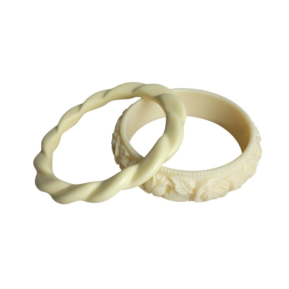 Vintage Bracelets Bangles Stack of 2 Carved Floral Chunky Wavy Think Cream Ivory